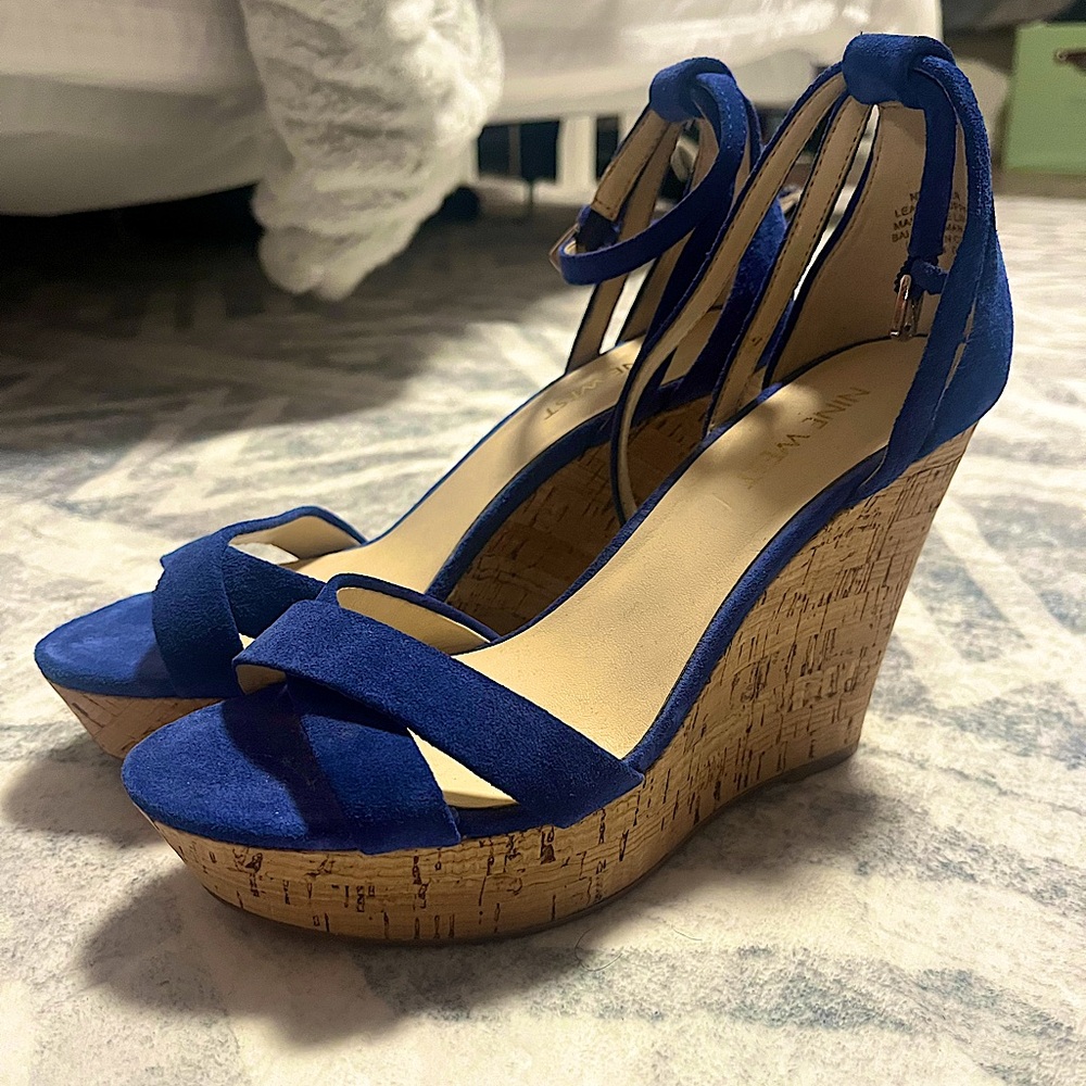 Never worn Blue Wedge heels with ankle straps